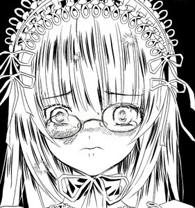 Rating: Safe Score: 0 Tags: 1girl bangs blunt_bangs closed_mouth glasses greyscale hair_ribbon image looking_at_viewer monochrome ribbon solo suigintou User: admin