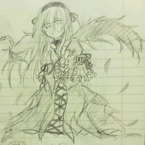 Rating: Safe Score: 0 Tags: 1girl dress frills hairband image long_hair long_sleeves looking_at_viewer monochrome simple_background sketch solo suigintou traditional_media wings User: admin