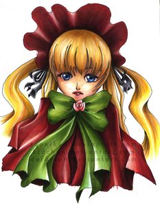 Rating: Safe Score: 0 Tags: 1girl blonde_hair blue_eyes bonnet bow bowtie green_bow image long_hair looking_at_viewer marker_(medium) parted_lips rose shinku simple_background solo twintails upper_body white_background User: admin