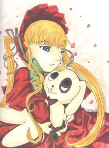 Rating: Safe Score: 0 Tags: 1girl blonde_hair blue_eyes bonnet bow dress image long_hair marker_(medium) petals red_dress shinku solo stuffed_animal traditional_media twintails very_long_hair User: admin