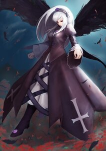 Rating: Safe Score: 0 Tags: 1girl bangs black_wings boots breasts dress feathers flower frills full_body hairband image juliet_sleeves long_hair long_sleeves looking_at_viewer puffy_sleeves red_eyes rose solo standing suigintou wings User: admin