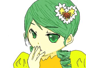 Rating: Safe Score: 0 Tags: 1girl bangs covering_mouth drill_hair face finger_licking flower green_eyes green_hair hand_to_own_mouth image kanaria looking_at_viewer simple_background solo white_background User: admin