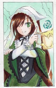 Rating: Safe Score: 0 Tags: 1girl bangs brown_hair dress frills green_dress green_eyes hat image index_finger_raised long_hair long_sleeves looking_at_viewer marker_(medium) one_eye_closed pantyhose smile solo suiseiseki traditional_media watercolor_(medium) User: admin