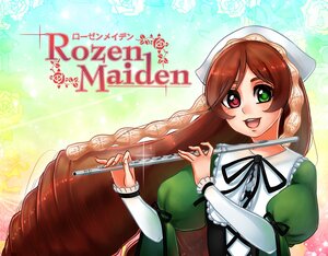 Rating: Safe Score: 0 Tags: 1girl brown_hair dress flower green_dress green_eyes head_scarf heterochromia image instrument long_hair long_sleeves open_mouth red_eyes rose smile solo suiseiseki User: admin