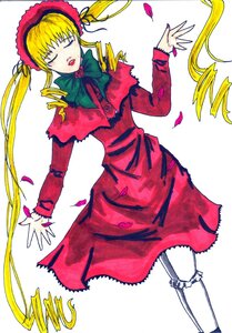 Rating: Safe Score: 0 Tags: 1girl blonde_hair bonnet bow bowtie closed_eyes dress drill_hair full_body image long_hair long_sleeves petals red_dress rose rose_petals shinku simple_background solo standing twintails white_background User: admin