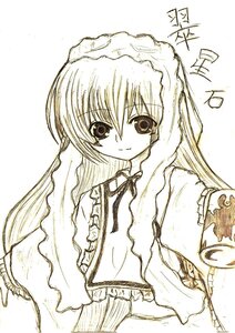 Rating: Safe Score: 0 Tags: 1girl bangs closed_mouth dress eyebrows_visible_through_hair frills image long_hair long_sleeves looking_at_viewer monochrome neck_ribbon ribbon simple_background smile solo suiseiseki traditional_media upper_body very_long_hair white_background User: admin