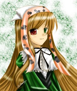 Rating: Safe Score: 0 Tags: 1girl brown_hair dress frills green_eyes hat head_scarf heterochromia image long_hair looking_at_viewer red_eyes smile solo suiseiseki very_long_hair User: admin