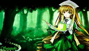 Rating: Safe Score: 0 Tags: 1girl blonde_hair dress forest green_dress green_eyes green_theme hat heterochromia holding image long_hair long_sleeves looking_at_viewer nature outdoors red_eyes smile solo suiseiseki very_long_hair User: admin