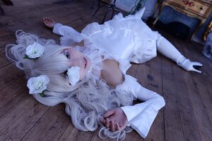 Rating: Safe Score: 0 Tags: 1girl detached_sleeves dress flower grey_eyes hair_flower hair_ornament kirakishou lips long_hair looking_at_viewer lying solo white_flower white_hair white_rose wooden_floor User: admin