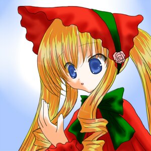 Rating: Safe Score: 0 Tags: 1girl :o blonde_hair blue_background blue_eyes bonnet bow bowtie dress drill_hair flower green_bow green_neckwear hat image long_hair long_sleeves looking_at_viewer open_mouth rose shinku simple_background solo upper_body User: admin