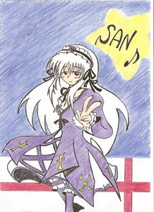 Rating: Safe Score: 0 Tags: 1girl dress flower frills full_body hairband image long_hair long_sleeves looking_at_viewer red_eyes ribbon rose solo standing suigintou traditional_media v white_hair wings User: admin