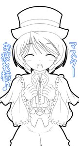 Rating: Safe Score: 0 Tags: 1girl ^_^ blush capelet closed_eyes eyebrows_visible_through_hair facing_viewer hat image long_sleeves monochrome open_mouth short_hair smile solo souseiseki User: admin