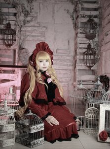 Rating: Safe Score: 0 Tags: 1girl birdcage blonde_hair blue_eyes bonnet bow cage dress flower lolita_fashion long_hair red_dress rose shinku sitting solo twintails User: admin