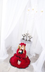 Rating: Safe Score: 0 Tags: 1girl blonde_hair blue_eyes bow bug butterfly curtains dress flower insect long_hair long_sleeves red_dress ribbon shinku sitting solo User: admin