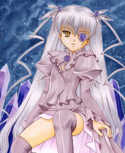 Rating: Safe Score: 0 Tags: 1girl auto_tagged barasuishou dress eyepatch hair_ribbon image long_hair long_sleeves marker_(medium) night night_sky ribbon silver_hair sitting sky solo star_(sky) starry_sky thighhighs traditional_media two_side_up very_long_hair yellow_eyes User: admin
