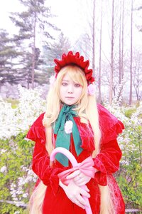 Rating: Safe Score: 0 Tags: 1girl blonde_hair blue_eyes bonnet bow dress flower long_hair realistic red_dress ribbon shinku solo swept_bangs User: admin