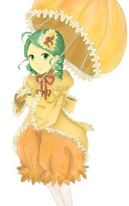 Rating: Safe Score: 0 Tags: 1girl dress frills green_eyes green_hair hair_ornament holding_umbrella image kanaria long_sleeves orange_dress pantyhose parasol solo striped umbrella vertical_stripes white_background User: admin