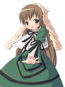 Rating: Safe Score: 0 Tags: 1girl :d black_ribbon blush brown_hair dress frills green_dress green_eyes image long_hair long_sleeves looking_at_viewer open_mouth ribbon simple_background smile solo suiseiseki very_long_hair white_background User: admin