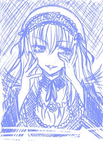 Rating: Safe Score: 0 Tags: 1girl blue_theme blush closed_mouth dress flower frills hairband hands_on_own_cheeks hands_on_own_face image long_hair long_sleeves looking_at_viewer monochrome solo suigintou upper_body User: admin
