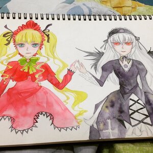 Rating: Safe Score: 0 Tags: 2girls black_wings blonde_hair dress flower frills hairband image long_hair long_sleeves looking_at_viewer multiple_girls pair photo red_eyes ribbon shinku suigintou traditional_media wings User: admin