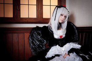 Rating: Safe Score: 0 Tags: 1girl closed_mouth dress feathers flower frills gothic_lolita hairband lolita_fashion long_hair long_sleeves looking_at_viewer rose silver_hair sitting solo suigintou white_hair window wings User: admin