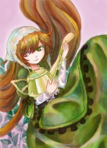 Rating: Safe Score: 0 Tags: 1girl brown_hair dress food frills green_dress green_eyes heterochromia image long_hair long_sleeves looking_at_viewer red_eyes smile solo suiseiseki very_long_hair User: admin