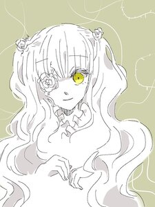 Rating: Safe Score: 0 Tags: 1girl bangs eyebrows_visible_through_hair flower green_background hair_flower hair_ornament image kirakishou limited_palette long_hair looking_at_viewer monochrome simple_background smoke solo upper_body yellow_eyes User: admin