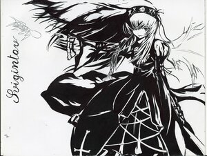 Rating: Safe Score: 0 Tags: 1girl dress greyscale image long_hair long_sleeves looking_at_viewer monochrome puffy_sleeves solo suigintou traditional_media wings User: admin