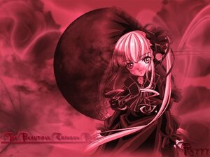 Rating: Safe Score: 0 Tags: 1girl blush dress flower lolita_fashion long_hair looking_at_viewer moon pink_eyes pink_theme red_moon red_sky red_theme rose shinku solo User: admin