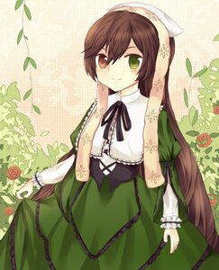 Rating: Safe Score: 0 Tags: 1girl black_ribbon brown_hair dress flower frills green_dress green_eyes head_scarf heterochromia image leaf lolita_fashion long_hair long_sleeves ribbon rose smile solo suiseiseki very_long_hair User: admin