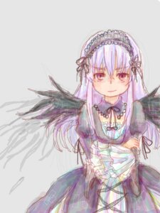 Rating: Safe Score: 0 Tags: 1girl black_ribbon black_wings closed_mouth detached_collar dress feathered_wings flower frills hairband image long_hair long_sleeves looking_at_viewer pink_eyes ribbon simple_background solo suigintou wings User: admin