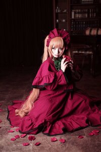 Rating: Safe Score: 0 Tags: 1girl apple blonde_hair bookshelf bow capelet dress food fruit holding long_hair long_sleeves looking_at_viewer petals red_dress ribbon shinku sitting solo User: admin
