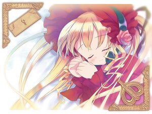 Rating: Safe Score: 0 Tags: 1girl blonde_hair bonnet bow closed_eyes dress flower hat image long_hair long_sleeves rose shinku smile solo User: admin