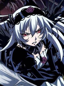 Rating: Safe Score: 0 Tags: 1girl dress flower gothic_lolita hat image juliet_sleeves lolita_fashion long_hair long_sleeves red_eyes rose solo suigintou wings User: admin