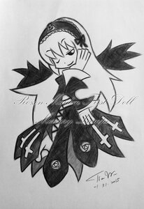 Rating: Safe Score: 0 Tags: 1girl black_wings dated dress greyscale hairband image long_hair long_sleeves looking_at_viewer monochrome rose signature simple_background smile solo suigintou traditional_media wings User: admin