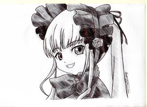 Rating: Safe Score: 0 Tags: 1girl bangs bonnet bow flower greyscale grin image long_hair looking_at_viewer monochrome rose shinku simple_background smile solo traditional_media white_background User: admin