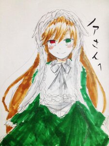 Rating: Safe Score: 0 Tags: 1girl blush brown_hair dress frills green_dress green_eyes heterochromia image long_hair long_sleeves looking_at_viewer red_eyes simple_background smile solo suiseiseki traditional_media very_long_hair User: admin