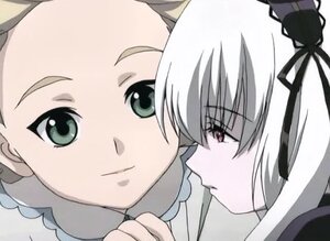 Rating: Safe Score: 0 Tags: 2girls close-up face green_eyes image looking_at_another multiple_girls ribbon sarah silver_hair solo suigintou yuri User: admin