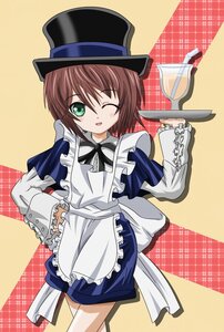 Rating: Safe Score: 3 Tags: 1girl apron brown_hair commentary_request cup green_eyes hand_on_hip hat highres image long_sleeves looking_at_viewer one_eye_closed ribbon rozen_maiden short_hair smile solo souseiseki takumi_(rozen_garten) tray User: admin