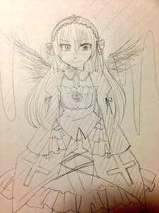 Rating: Safe Score: 0 Tags: 1girl dress feathered_wings flower frills hairband image long_hair long_sleeves looking_at_viewer monochrome rose solo suigintou traditional_media wings User: admin