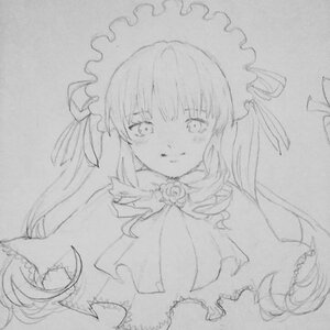 Rating: Safe Score: 0 Tags: 1girl bangs blush closed_mouth eyebrows_visible_through_hair flower greyscale hat image long_hair long_sleeves looking_at_viewer monochrome photo rose shinku simple_background smile solo traditional_media upper_body User: admin