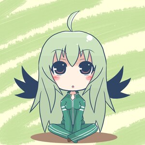 Rating: Safe Score: 0 Tags: 1girl :o ahoge amagiku bad_id bad_pixiv_id blush bodysuit breasts brown_eyes chibi green_hair green_theme image indian_style long_hair medium_breasts rozen_maiden shoes sitting solo striped striped_background suigintou track_suit v_arms wings User: admin