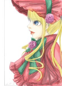 Rating: Safe Score: 0 Tags: 1girl blonde_hair blue_eyes bonnet flower green_neckwear hat image long_hair pink_flower pink_rose profile purple_rose red_rose rose shinku simple_background solo upper_body white_background User: admin