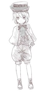 Rating: Safe Score: 0 Tags: 1girl bow bowtie full_body greyscale hair_between_eyes hat image long_sleeves looking_at_viewer monochrome puffy_pants shoes short_hair shorts smile solo souseiseki standing striped User: admin