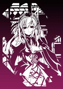 Rating: Safe Score: 0 Tags: 1girl dress flower frills hairband image lolita_hairband long_hair long_sleeves looking_at_viewer monochrome ribbon rose solo suigintou wings User: admin