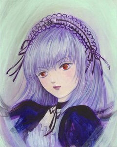 Rating: Safe Score: 0 Tags: 1girl bangs black_ribbon frills hairband image lips long_hair looking_at_viewer portrait puffy_sleeves red_eyes ribbon simple_background solo suigintou traditional_media User: admin