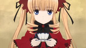 Rating: Safe Score: 0 Tags: 1girl blonde_hair blue_eyes bow cup dress drill_hair expressionless hair_ribbon holding holding_cup image long_hair long_sleeves looking_at_viewer red_dress ribbon shinku sidelocks solo teacup twintails upper_body yellow_background User: admin