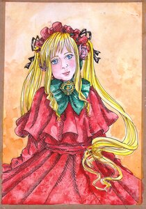 Rating: Safe Score: 0 Tags: 1girl blonde_hair blue_eyes bow capelet dress flower image lips long_hair long_sleeves looking_at_viewer marker_(medium) red_dress rose shinku solo traditional_media User: admin