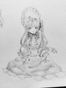 Rating: Safe Score: 0 Tags: 1girl bow dress frills full_body greyscale image long_hair long_sleeves looking_at_viewer monochrome photo shinku solo traditional_media umbrella User: admin