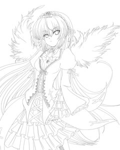 Rating: Safe Score: 0 Tags: 1girl breasts dress frills greyscale image long_hair long_sleeves looking_at_viewer monochrome ribbon solo suigintou very_long_hair wings User: admin